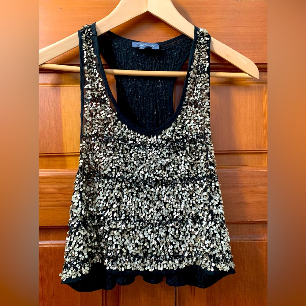 Gryphon NY Gold/Silver Metal Sequins sewn onto Black Mesh Tank Top, Like New, Sm